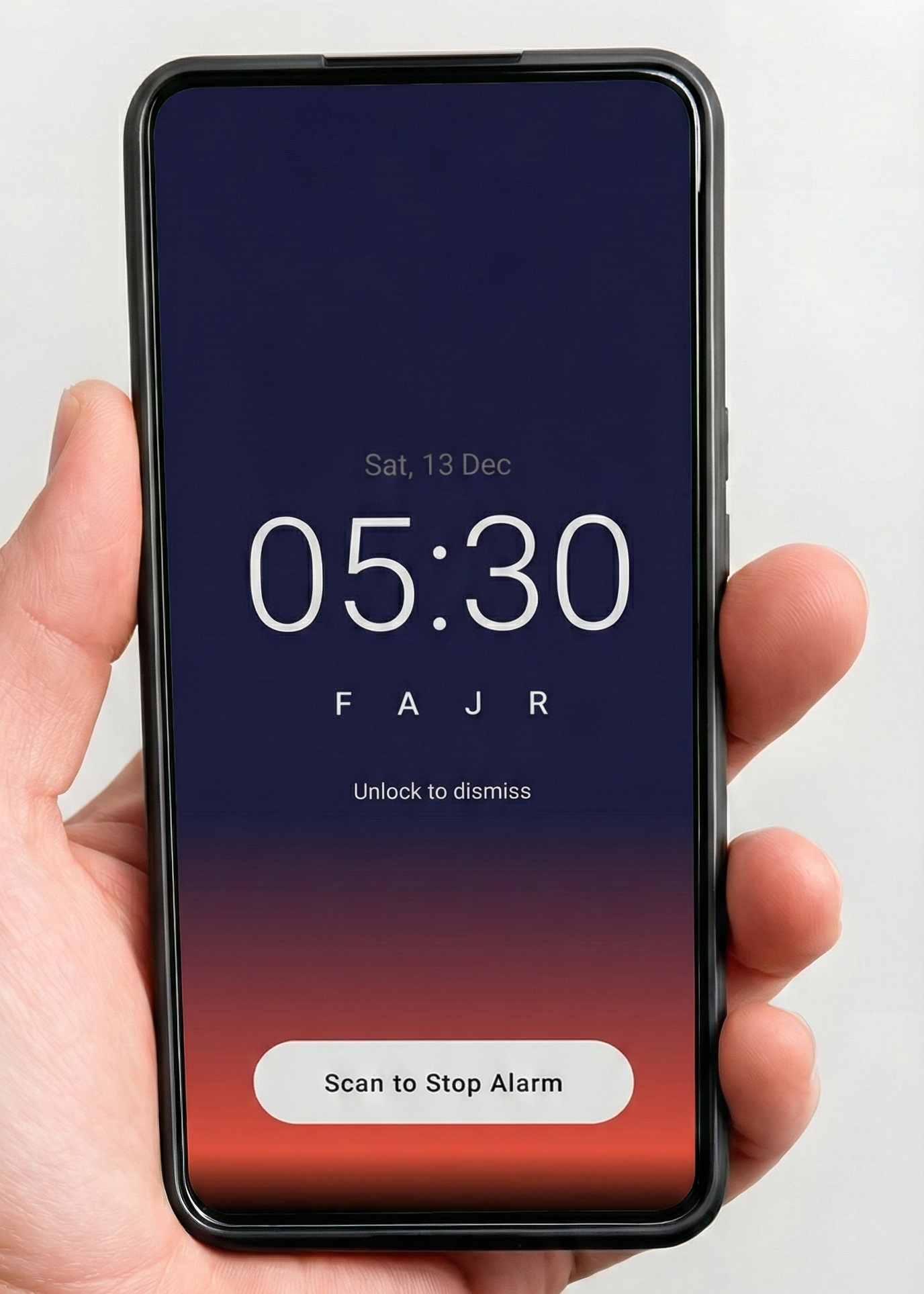 Hand holding a smartphone displaying an alarm app with 'FAJR' time.